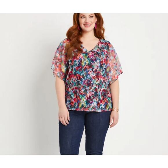 Adele & May Silky Layered Blouse Tank Top 3X Short Sleeve Floral Semi-Casual - Picture 1 of 11